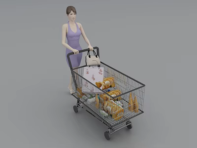 Woman In Purple Dress Pushing Shopping Cart Filled With Groceries And Holding Handbag 3d model
