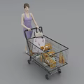 Woman In Purple Dress Pushing Shopping Cart Filled With Groceries And Holding Handbag