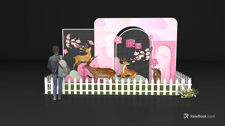 Interactive Deer Garden Area With Pink Background Cherry Blossom Decorations And White Picket Fence 3d model 