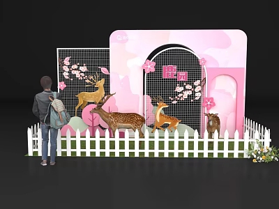 Interactive Deer Garden Area With Pink Background Cherry Blossom Decorations And White Picket Fence 3d model