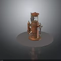 Vintage Orange Industrial Machine With Metal Pipes Valves And Circular Platform