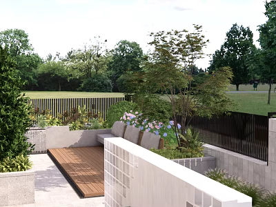 Beautiful Courtyard Garden With Wooden Deck Lush Green Plants Colorful Flowers And Black Fence 3d model