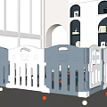 Blue and White Playpen With Gray White Checkered Mat Colorful Balls And Stuffed Toy Indoor