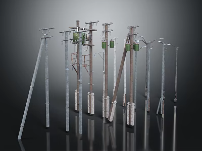 Various Wood Stone Utility Poles Designs for Electrical Power Transmission Systems 3d model