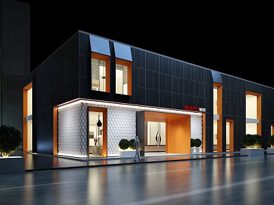 Modern Luxurious Storefront Design With Black Orange Accents Glass Doors And Front Greenery Lighting Effects 3d model
