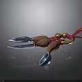 Household Kitchen Tool with Blue Metal Claws Brown Wooden Handles Red Strap and Golden Balls