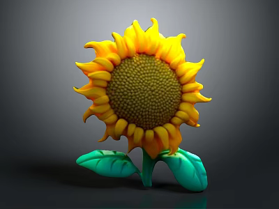 Stunning Sunflower Bloom With Yellow Petals Brown Center And Green Leaves On Dark Background 3d model