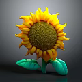 Stunning Sunflower Bloom With Yellow Petals Brown Center And Green Leaves On Dark Background