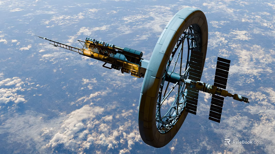 Circular Space Station With Solar Panels Orbiting Earth In Cloudy Sky 3d model 
