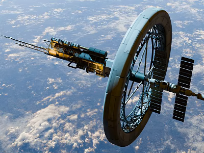 Circular Space Station With Solar Panels Orbiting Earth In Cloudy Sky 3d model