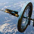 Circular Space Station With Solar Panels Orbiting Earth In Cloudy Sky
