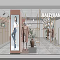 Elegant Clothing Store Window Display With Mannequins Plants Golden Frames And Circular Decorations