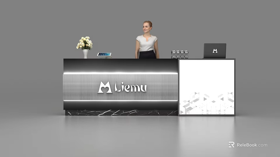 Modern Reception Desk With Ljemu Logo Flower Vase Laptop Receptionist And Marble Texture 3d model 