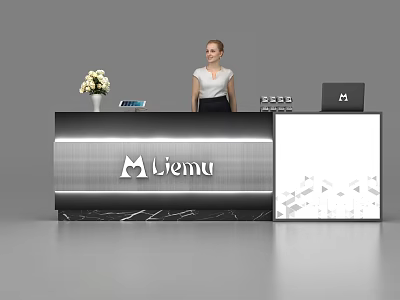Modern Reception Desk With Ljemu Logo Flower Vase Laptop Receptionist And Marble Texture 3d model