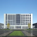 Modern Office Building With White Exterior Glass Curtain Wall Front Lawn Plaza And Autumn Trees