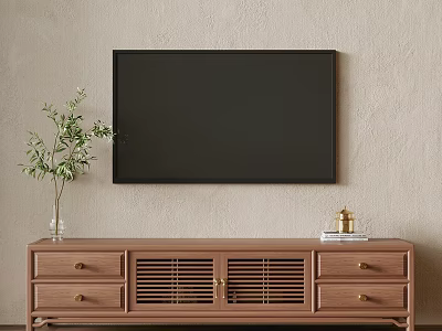 Wooden TV Stand With Drawers Slatted Doors And Green Plant Decorative Item Books On Wall 3d model