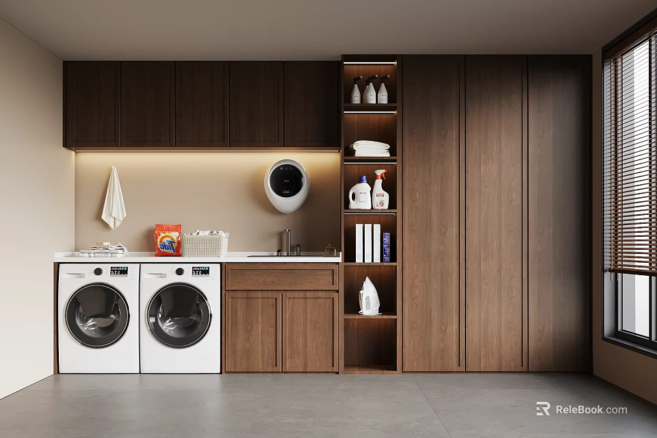 Modern Laundry Room With Double White Washers Sink Wooden Cabinets And Storage Shelves 3d model 