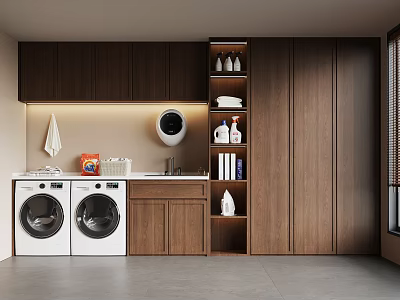 Modern Laundry Room With Double White Washers Sink Wooden Cabinets And Storage Shelves 3d model
