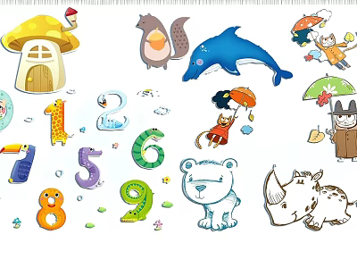 Colorful Kids Wall Decor with Cartoon Animals Giraffe Dolphin Numbers and Mushroom House 3d model