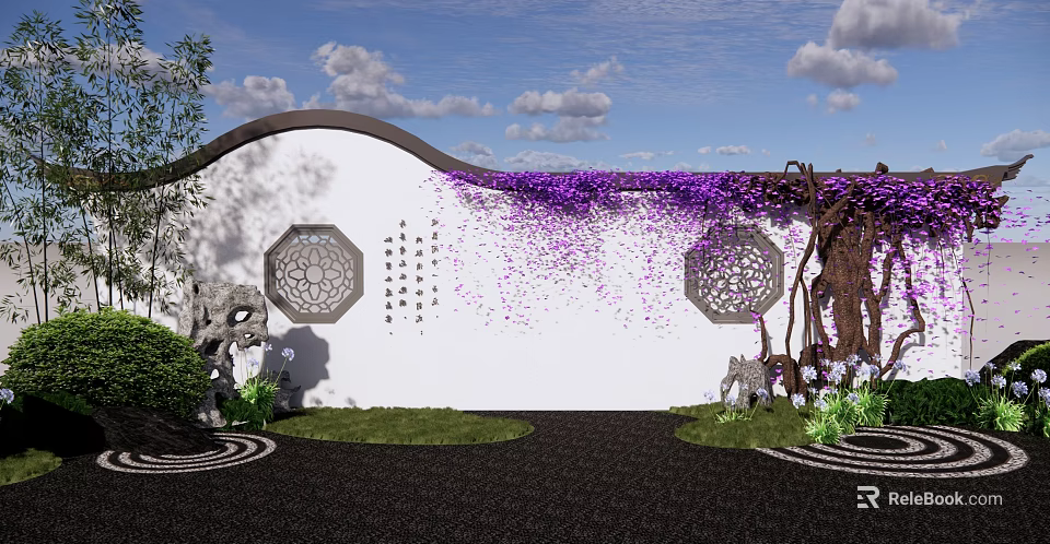 Chinese Style Scenic Wall With Circular Openwork Purple Vines Stone Ornaments And Green Plants 3d model 
