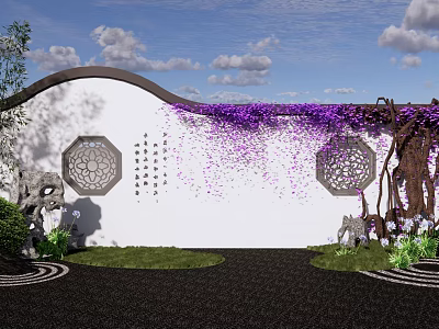 Chinese Style Scenic Wall With Circular Openwork Purple Vines Stone Ornaments And Green Plants 3d model
