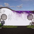 Chinese Style Scenic Wall With Circular Openwork Purple Vines Stone Ornaments And Green Plants