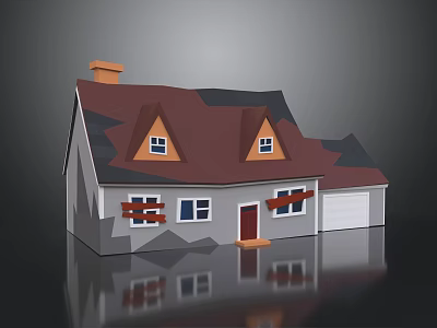 Cartoon House Scene With Red Roof Gable Windows White Walls And Garage 3d model