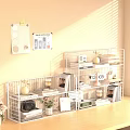 Minimalist Study Room Interior With White Wire Shelves Books Photo Frames And Green Plant