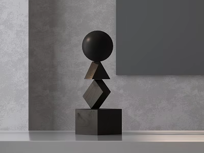 Modern Decorative Ornament Set with Stacked Black Geometric Shapes on Gray Wall Background 3d model