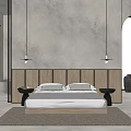 Modern Bedroom Double Bed With Wooden Headboard Grey Wall Hanging Lights Rug Large Windows View