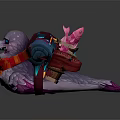 Fantasy Seal Character With Purple Pink Feathers Colorful Scarf Scroll Pink Crystal Cheerful Fierce Expression