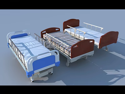 High Quality Medical Beds With Wooden Headboards Blue Mattresses And Metal Frames 3d model