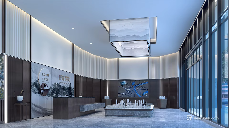 High End Sales Office Interior Design With Reception Desk Property Models And Area Map 3d model 