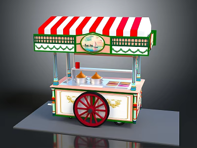 Vintage Ice Cream Cart with Red White Striped Awning Green Trim Decorative Red Wheel 3d model