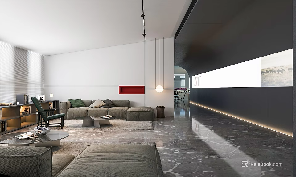 Modern Leisure Area Interior Design With Gray Sofa Green Chair And Red Decorative Painting 3d model 
