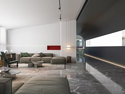 Modern Leisure Area Interior Design With Gray Sofa Green Chair And Red Decorative Painting 3d model