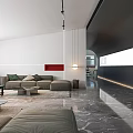 Modern Leisure Area Interior Design With Gray Sofa Green Chair And Red Decorative Painting