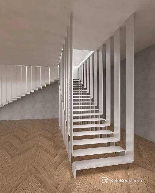 White Staircase With Railing Gray Wall And Herringbone Wood Floor Interior 3d model 
