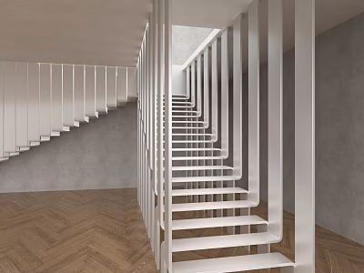 White Staircase With Railing Gray Wall And Herringbone Wood Floor Interior 3d model