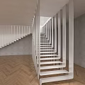 White Staircase With Railing Gray Wall And Herringbone Wood Floor Interior