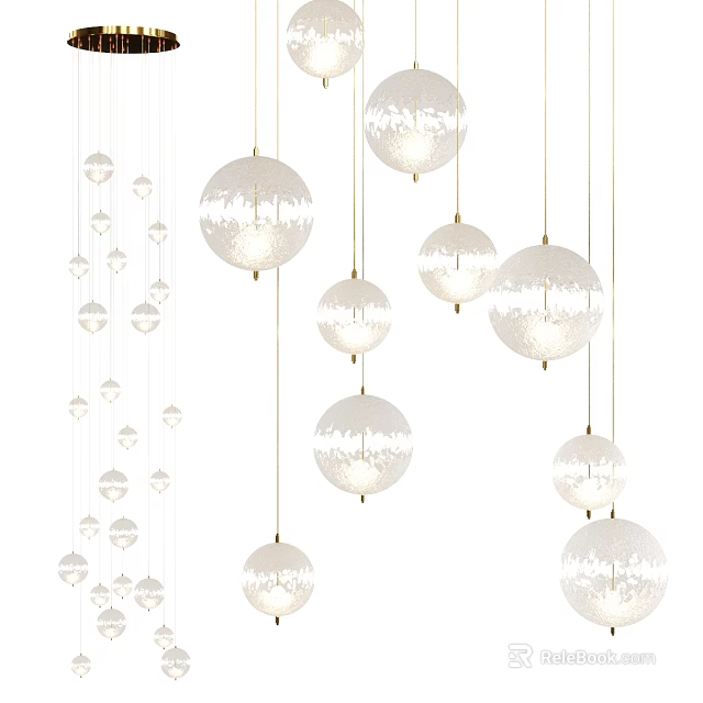Modern White Spherical Chandeliers With Intricate Patterns Hanging In Interior Space 3d model