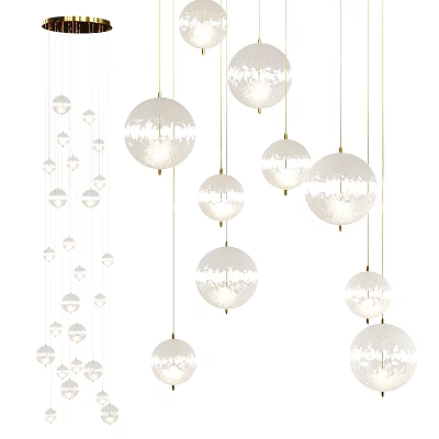 Modern White Spherical Chandeliers With Intricate Patterns Hanging In Interior Space 3d model