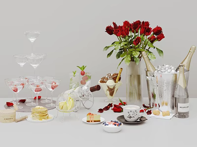 Wine Bottles And Glasses Arrangement With Red Roses Ice Cream Strawberries Desserts And Ice Cubes 3d model