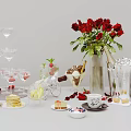Wine Bottles And Glasses Arrangement With Red Roses Ice Cream Strawberries Desserts And Ice Cubes