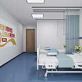 Modern Hospital Room Interior With Two Beds Blue Floor White Walls And Curtains