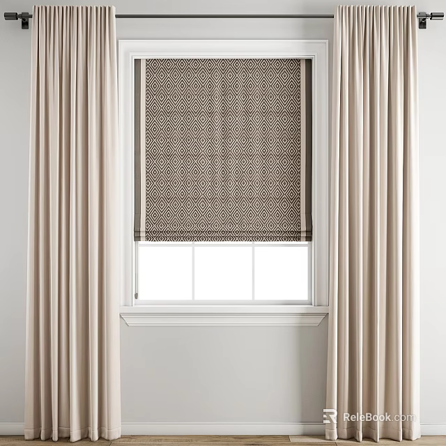 Light Beige Curtains With Geometric Pattern Roller Blind And White Window Frame 3d model 