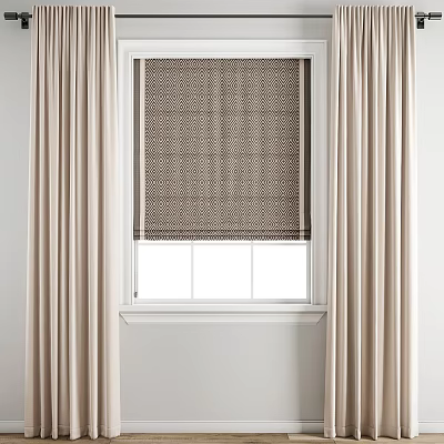 Light Beige Curtains With Geometric Pattern Roller Blind And White Window Frame 3d model