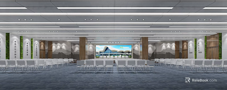 Modern Conference Room With White Chairs Large Screen And Wooden Pillars 3d model 