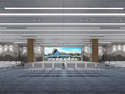 Modern Conference Room With White Chairs Large Screen And Wooden Pillars 3d model