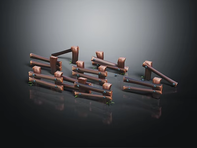 Multiple Brown Wooden Scene Components With Furniture Supports And Metal Connectors 3d model